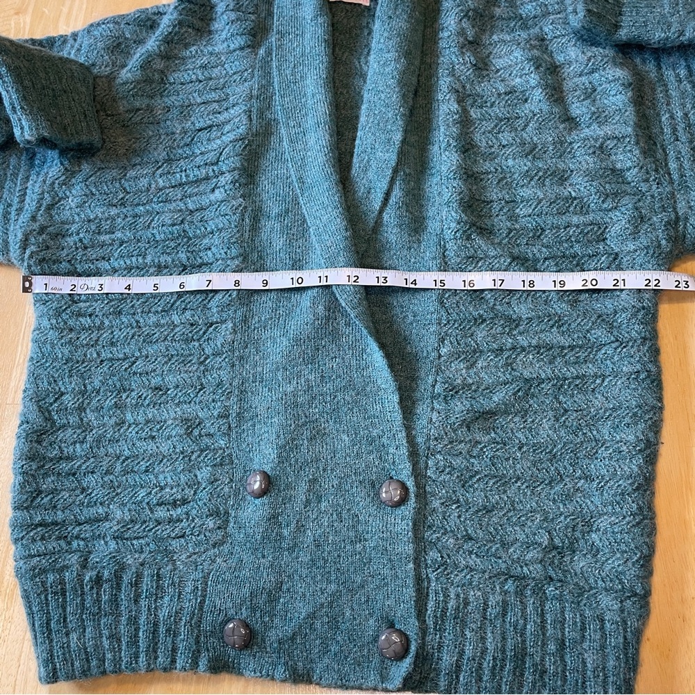 Vintage 80s Wool Blend Knit Double Breasted Shawl Collar Cardigan - Teal - Picture 8 of 13